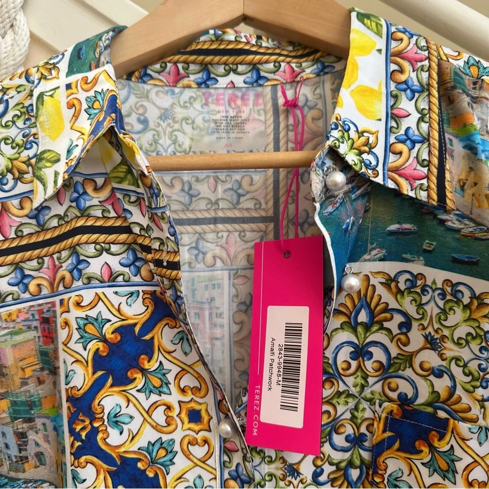 NWT Terez Amalfi Coast Patchwork Print Long Sleeve Blouse Yellow Blue Multi MED - Picture 14 of 16